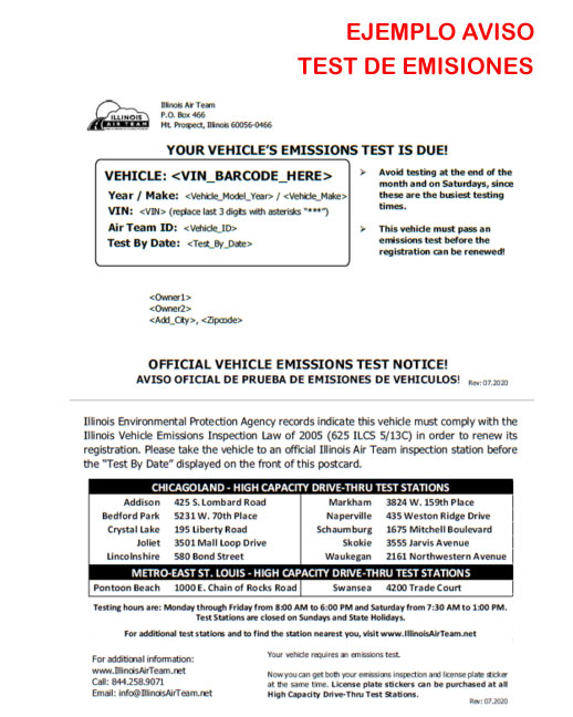 aviso prueba emisiones vehiculares Illinois